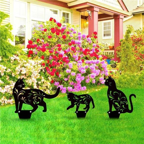 3 Pack Metal Cat Garden Statues Black Cat Silhouette Cat Decorative Garden Stake - Picture 2 of 7
